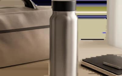 Illustration d’une bouteille isotherme premium dans un contexte de bureau et de déplacement. L’image évoque la fiabilité, la praticité et l’usage quotidien sans surcharger la composition.