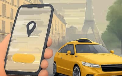 Illustration d’un taxi parisien réservé en ligne dans un environnement urbain moderne. L’image évoque la fiabilité, la simplicité et la ponctualité pour les trajets à Paris et en Île-de-France.