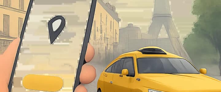 Illustration d’un taxi parisien réservé en ligne dans un environnement urbain moderne. L’image évoque la fiabilité, la simplicité et la ponctualité pour les trajets à Paris et en Île-de-France.